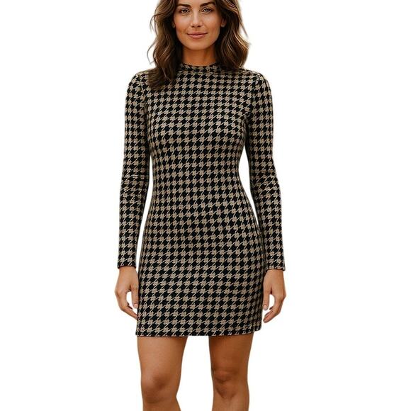 Lulus Cool Girl Status Mini Dress Medium Black Print Mock Neck Long Sleeve - Picture 13 of 13